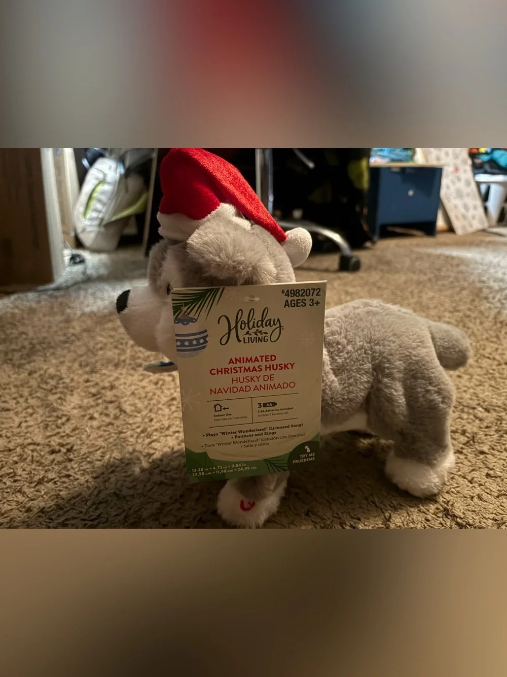 Animated Plush Husky Dog Toy with Blue & Green Scarf